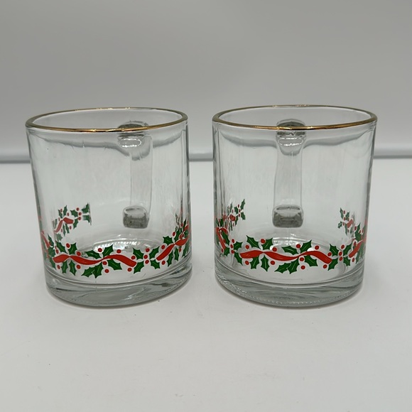 Libbey Glass Coffee Mugs Christmas Holly & Ribbon set of 2 - Picture 2 of 16